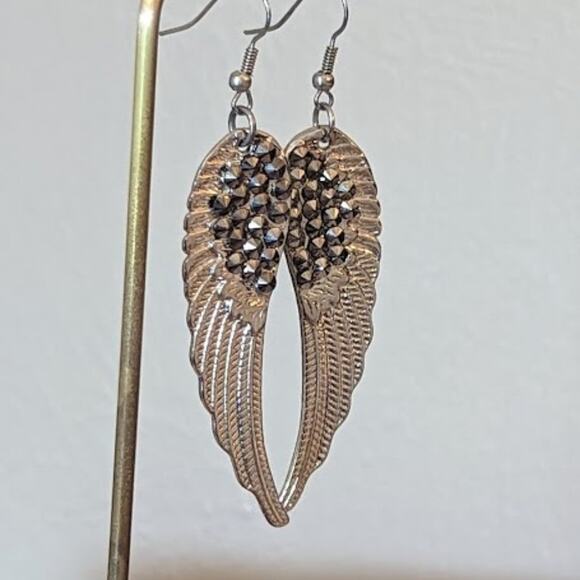 Silver Tone Beaded Wing Earrings - Picture 3 of 5